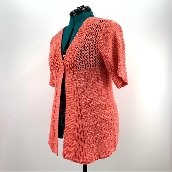 Today's Designer Salmon Pink Single Button Short Sleeve Knit Cardigan, Medium - Picture 5 of 16